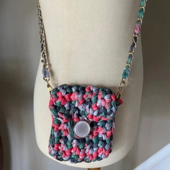 Anthropologie Handbags - Anthropologie  Blue Green Small Crochet Chain  Bag